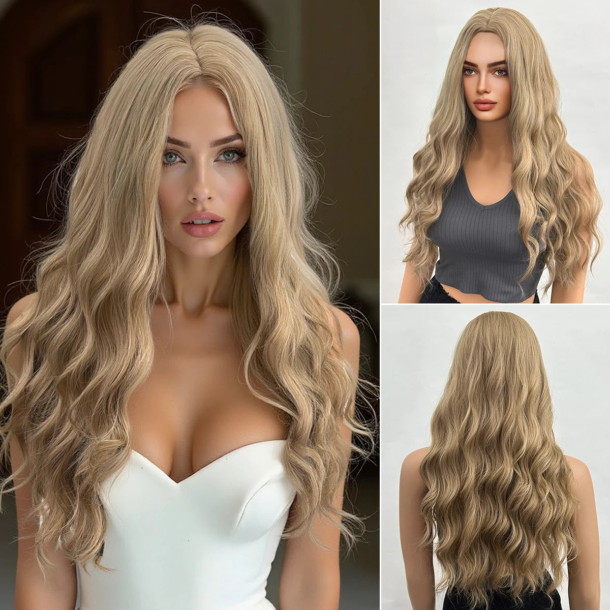 28 Inch Synthetic Women's Wig Light Brown with Highlights Long Wavy Hair Everyday Pretty Party Outfit