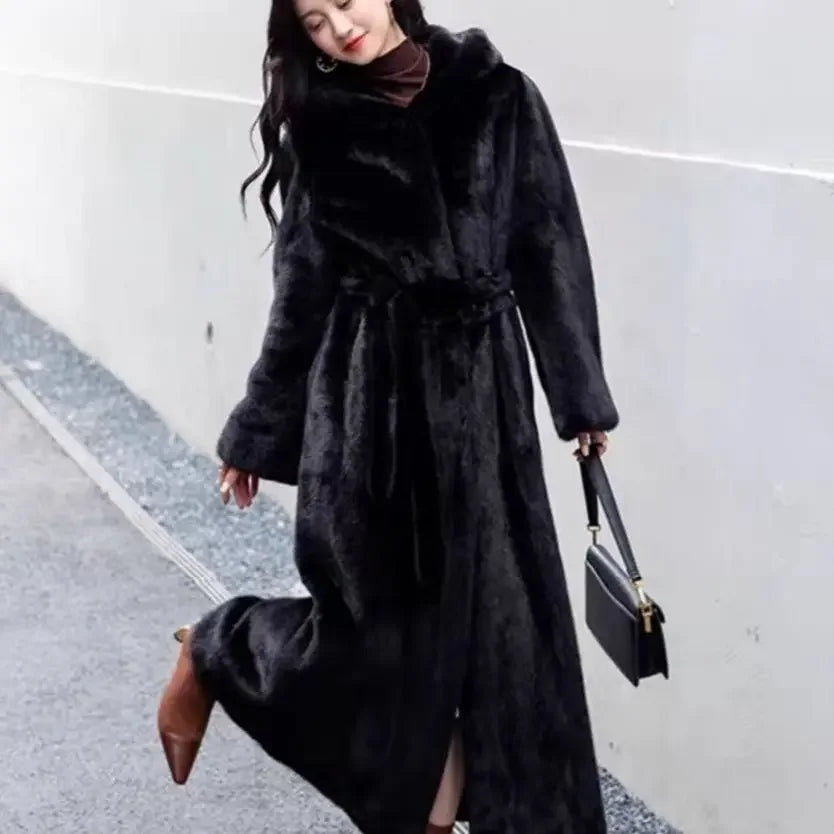 Women Thick Maxi Jacket Y2k Autumn Winter Belt Faux Fur Maxi Coat Long Warm Luxury Belt Fur Black Parkas Bontjas Furry Outerwear