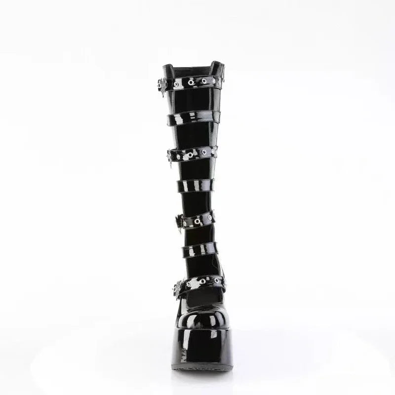 Round Toe Super High Heel High Boots Spring and Autumn Shallow Mouth Metal Buckle Platform Non-slip Thick Heel Boots