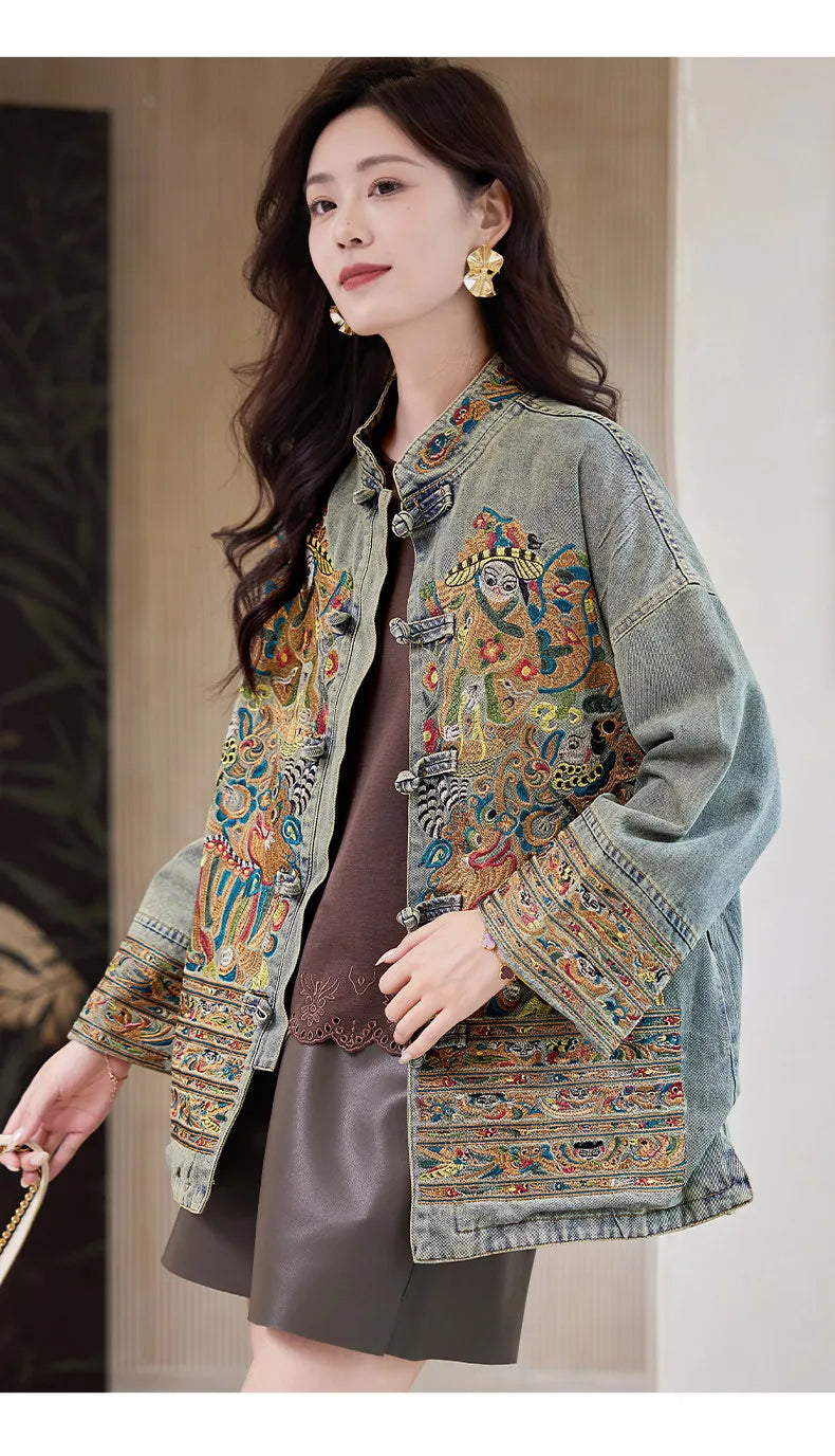 Women Distressed Denim Jacket Heavy Embroidery Lucky Chinese Style 2026 Spring Loose Casual Jean Coat