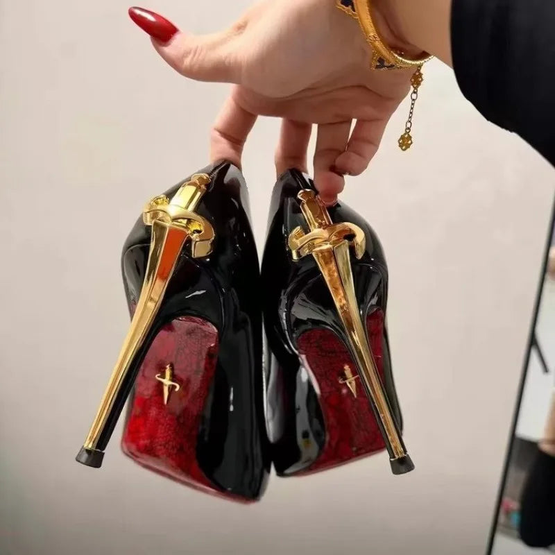 2026 Early Spring New High Heels Women's Fine Heels Pointed Metal Swords Sexy Queen Black Lacquer Leather Single Shoes