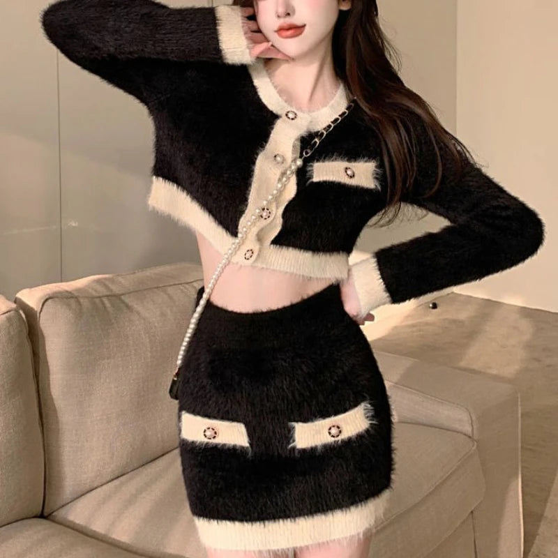 Winter Fluffy Knit 2 Piece Set Women Patchwork French Vintage Mini Skirt Suit Female Korean Fashion Elegant Office Lady Set 2024