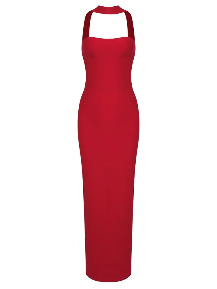 Sexy Sleeveless Halter Bandage Maxi Dresses Women Red White Backless Split Bodycon Dresses Celebrity Evening Party Dress...