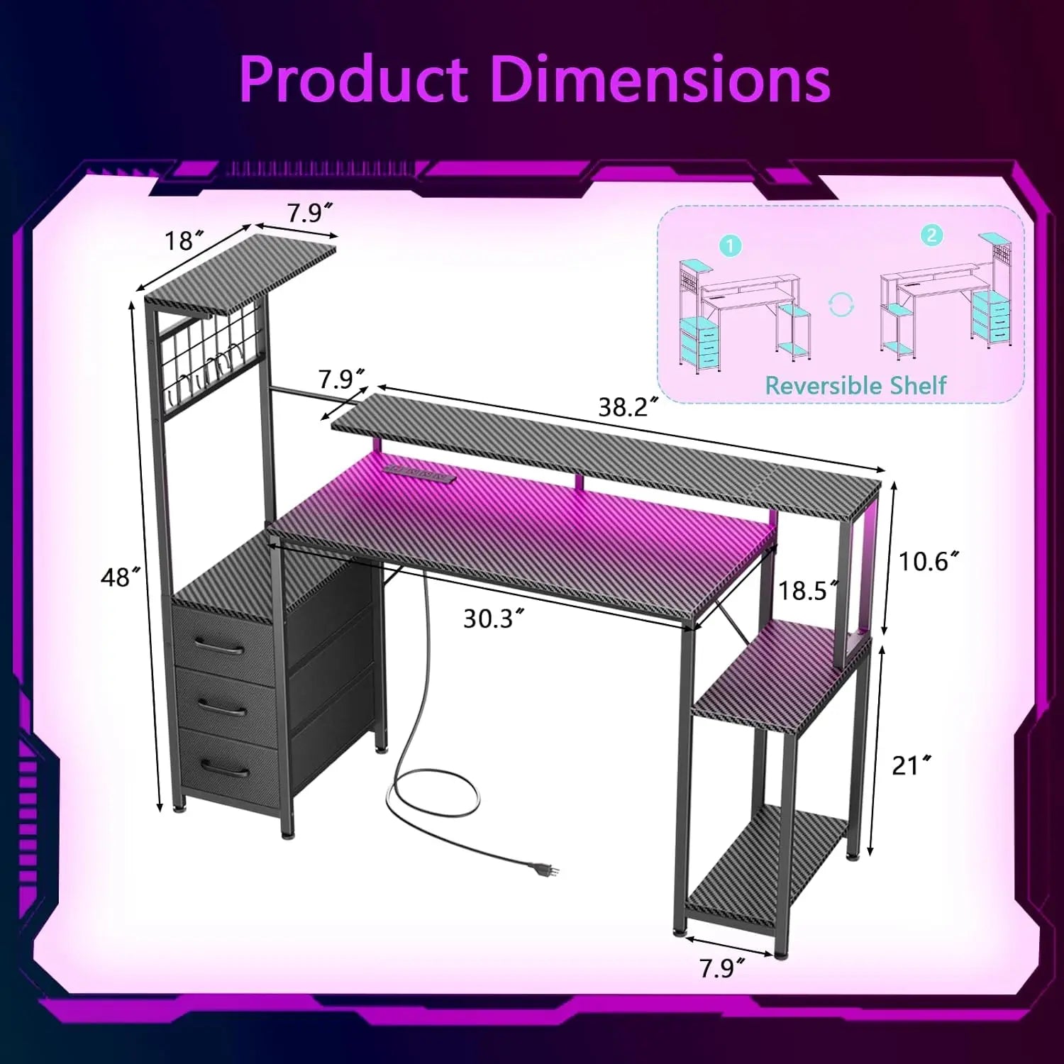 48 Inch Gaming Desk with LED Lights & Power Outlets,Computer Desk with Fabric Drawers & Side Hook,Reversible Gamer,...