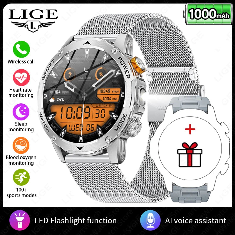 LIGE Smart Watch Man 1000mAh Long Standby Outdoor Smartwatch Men LED Flashlight Waterproof Heart Rate Sport BT Call Smartwatches