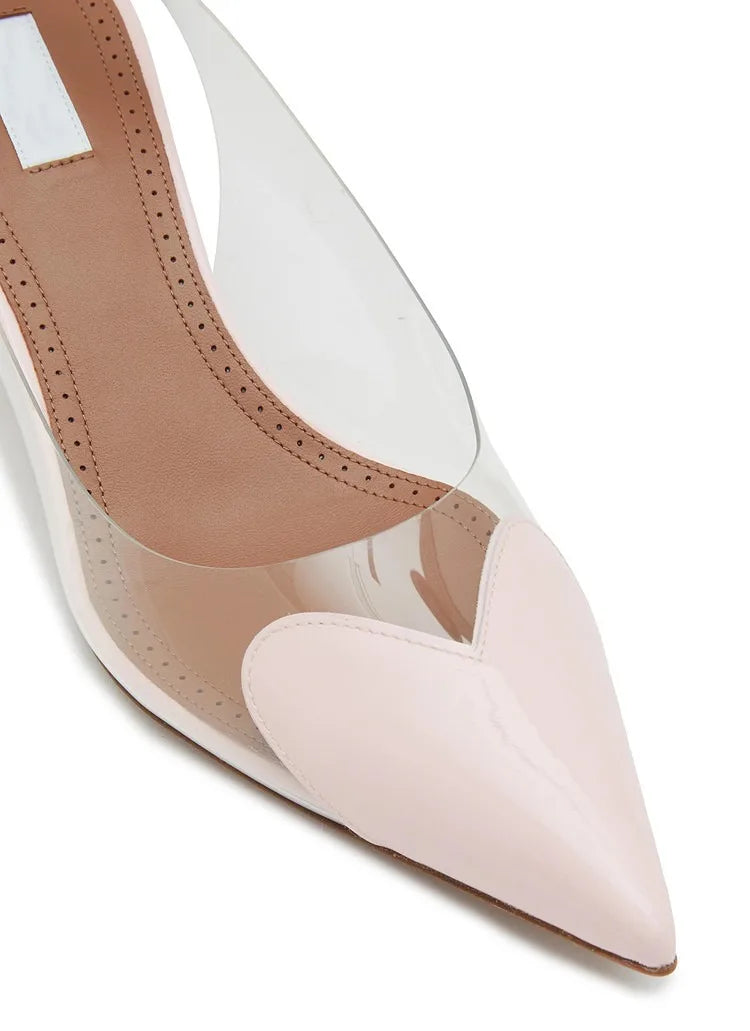 2025 New Pointy Peach Heart Fine Heel Shoes Sexy Pvc Transparent Film Black Patent Leather High Heel Overhead Sandals