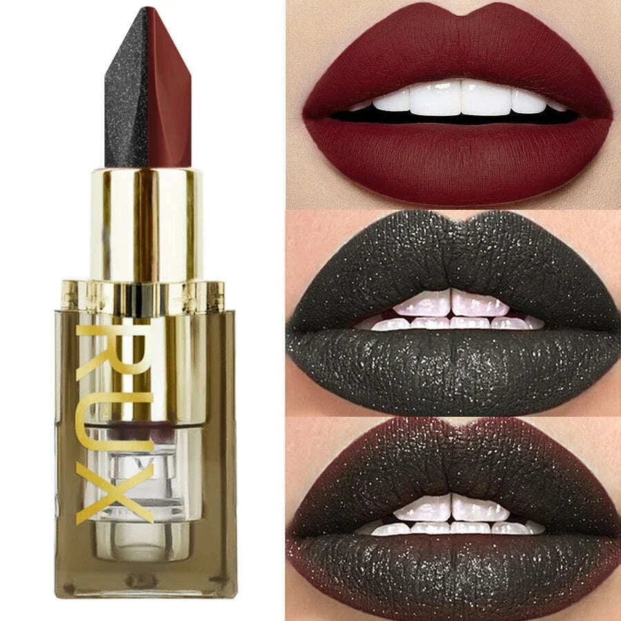 1PC Glitter Waterproof Two-tone Lipstick Matte Non-stick Pearlescent Diamond Lip Tint Red Black Brown Lips Makeup for Women Cosm