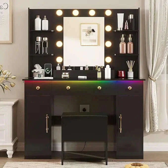 Vanity Desk with Mirror and Lights,Pink Makeup Vanity with Charging Station & Vanity Stool, 3 Drawers and Cabinets White Vanity