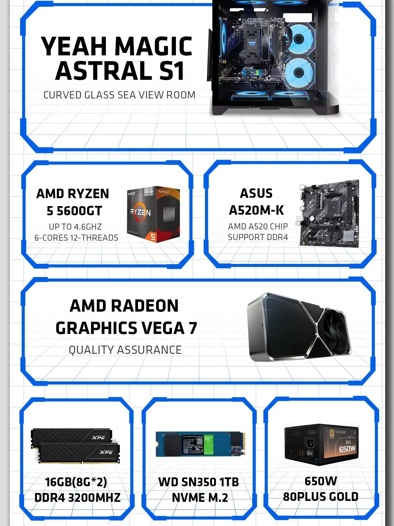 YEAH MAGIC Gaming Desktop AMD Ryzen 5 5600GT 3.9GHz 16GB(8G*2) DDR4 3200 1T NVME SSD ARGB 7 Fans Win 11 Home Gamer Desktop PC
