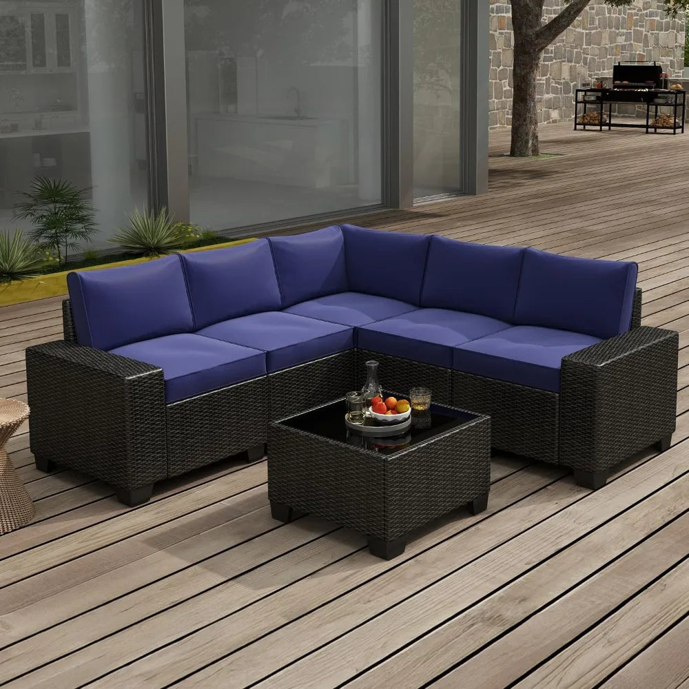6 Pieces Patio Furniture Set, Outdoor Sectional Set of 6 w/Wide Armrest, Waterproof Wicker Conversation Set for...