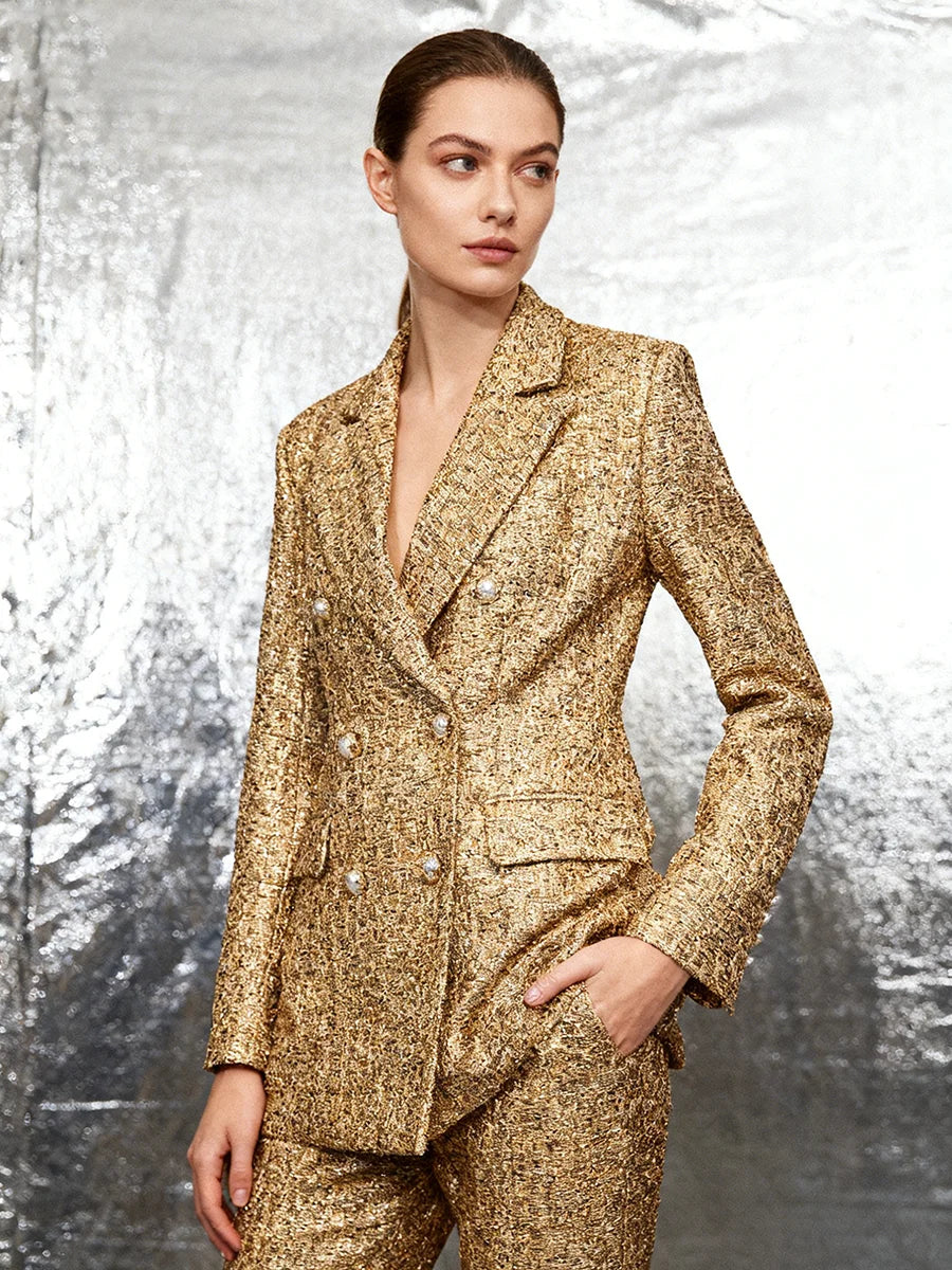 TWOTWINSTYLE Gold Slimming Spliced Double Breasted Fashion Blazers for Women Lapel Long Sleeves Tunic Temperament Blazer Female - Kimlud
