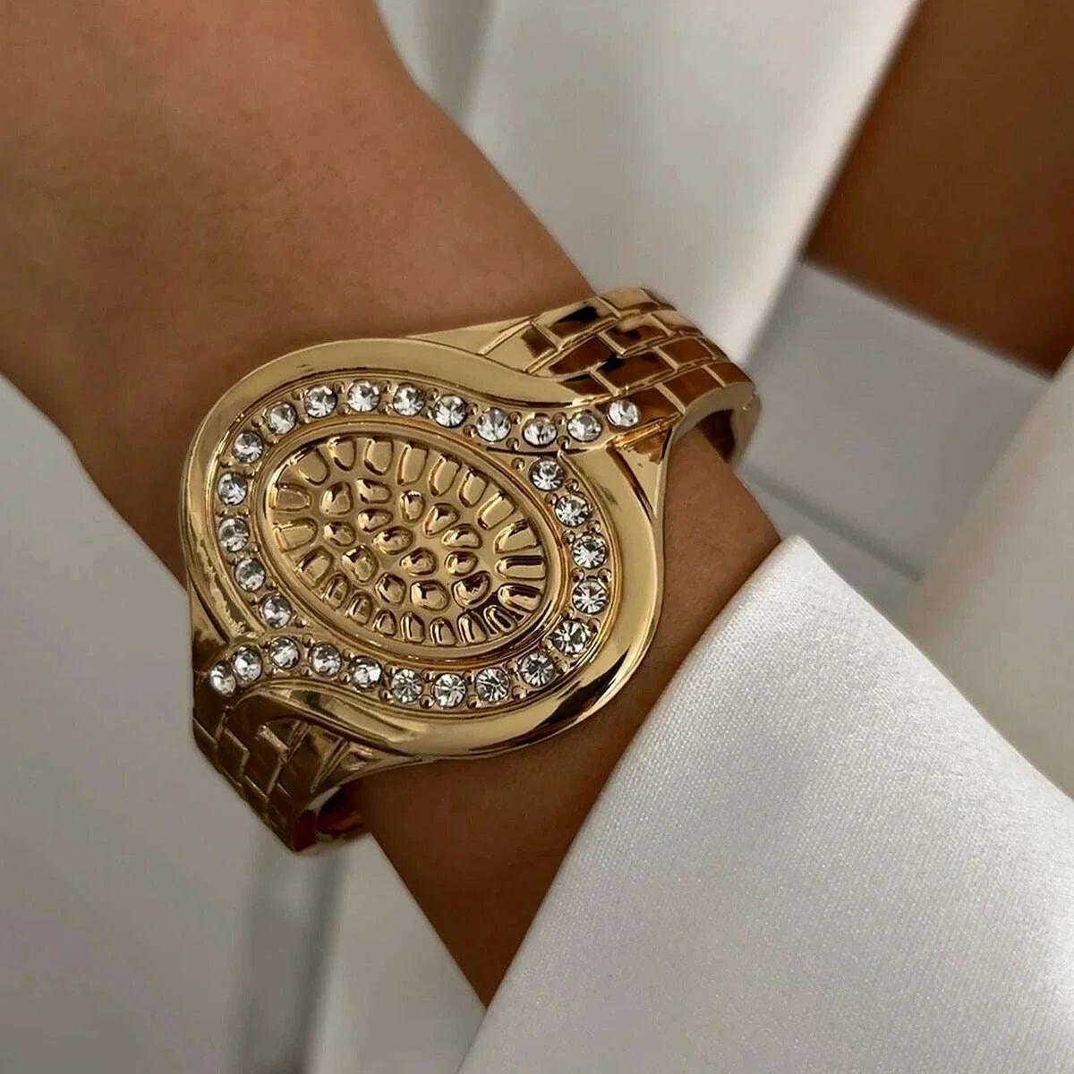 IngeSight.Z Exaggerated Large Inlaid Rhinestone Watch Shaped Heavy Metal Spring Bangles Women's Classic Statement Party Jewelry