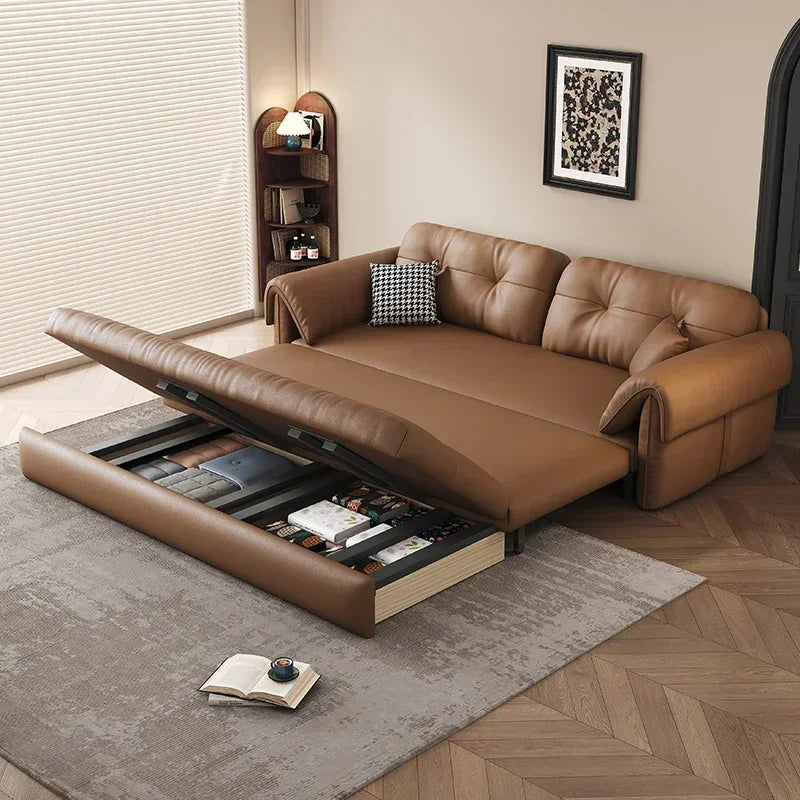 European Living Room Sofa Bed Brown Faux Leather Italian Modern Sleeper Double Couch Chaise Lounge Small Divano Letto...