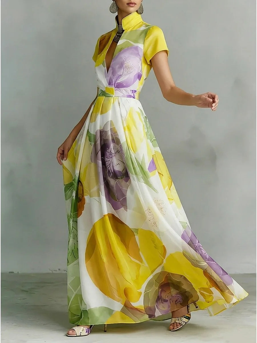 Freeacy Women's Elegant Floral Maxi Dress Deep V-neck Short Sleeve Flowy Evening Dress High Waist Pleated Party Dresses...