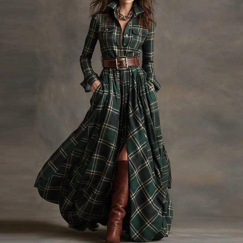 2025 Turn-Down Collar Patchwork Party Dress, Women Spring Autumn Long Sleeve Chic Maxi Dress, Plaid Printed Loose Cardigan Dress