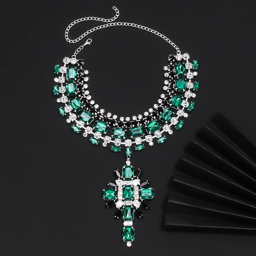XSBODY Large Cross Pendant Choker Green Crystal Bridal Accessories Fashion Geometric Rhinestone Necklace Earrings Set Piercing