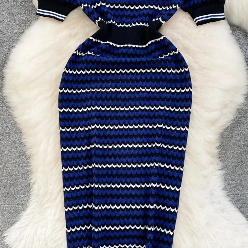 Women's Blue Geometric Striped Crew Neck Sundress Short Sleeve Stretchy Ribbed Knit Bodycon Long Dress Summer Party Maxi...