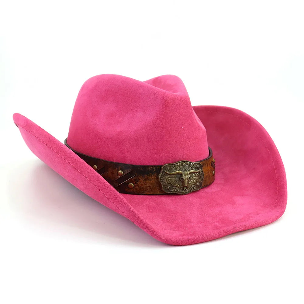 Western Big Brim Cowboy Hat Bull's Head Leather Band Suede Top Hat Outdoor Mens Hats Ladies Party Horse Riding Cowgirl...