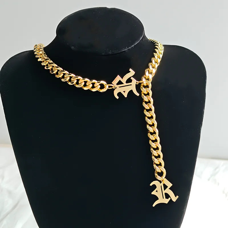 DUOYING Gothic Initial Letter Drop Choker Necklace Gold Plated Thick Cuban Link Chain Old English for Women Custom Jewelry Gif