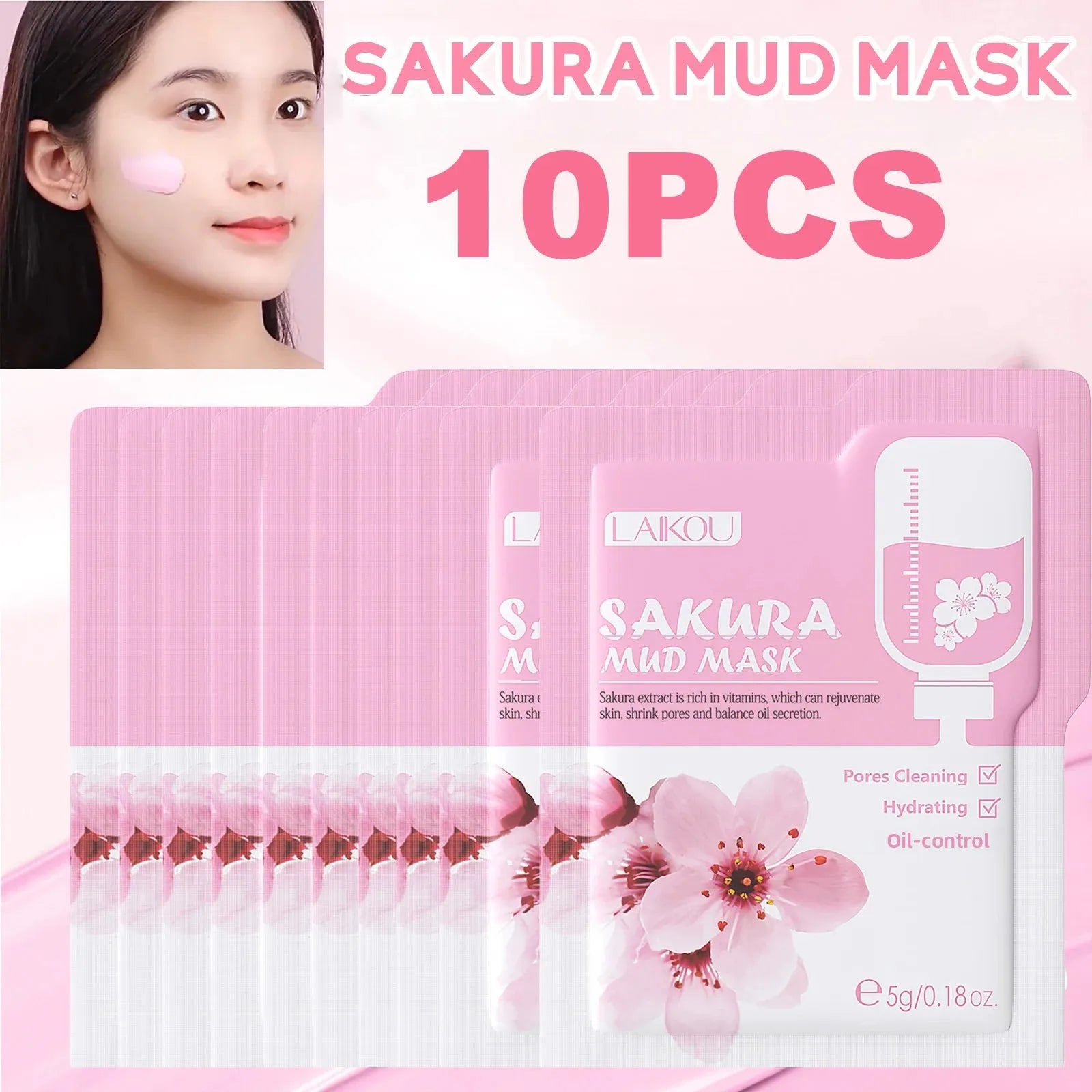 10/12 PCS Sakura Mud Face Mask Set Deep Cleansing Pore Shrinking Oil Control Blackhead Removal Moisturizing Skin Care |...