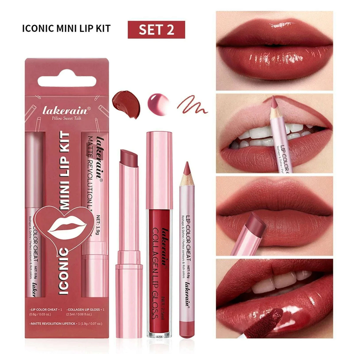 3pcs Lip Makeup Set Lip Liner Lip Gloss Lipstick Mirror Effect Beep Lips High Color Long-lasting Hydrates Travel Mini Set