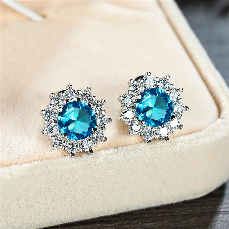 Cute Female Small Water Blue Round Earrings Crystal Stone Fashion Silver Color Wedding Jewelry For Women - Kimlud