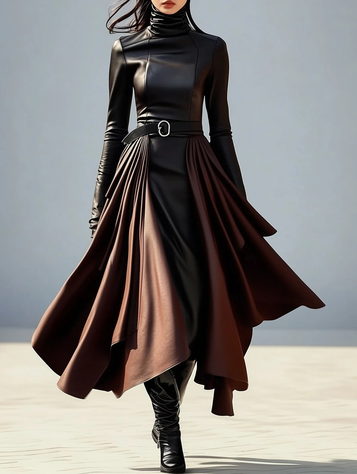 Elegant Women's PU Leather High Neck Midi Dress Slim Fit Belted Irregular Hem Fashion Party Wear One Piece New Style