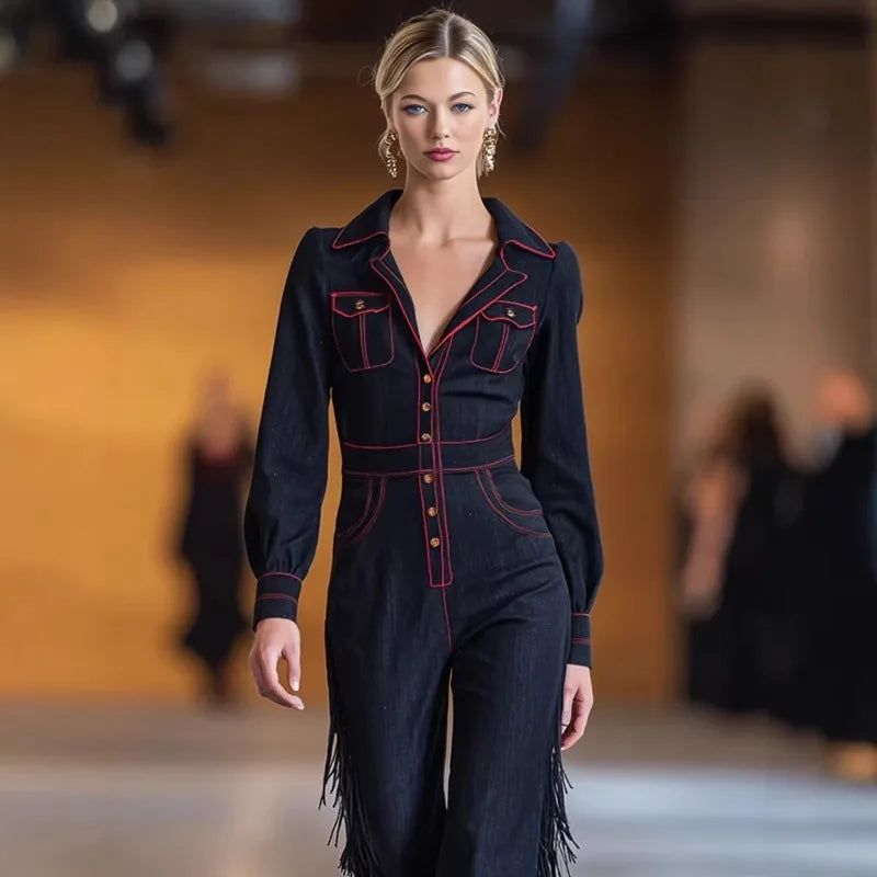 Vintage Fringed Denim Jumpsuit Button Front Deep V-Neck Slim Fit Flare Leg One-Piece for Party & Streetwear Western Style Black - Kimlud