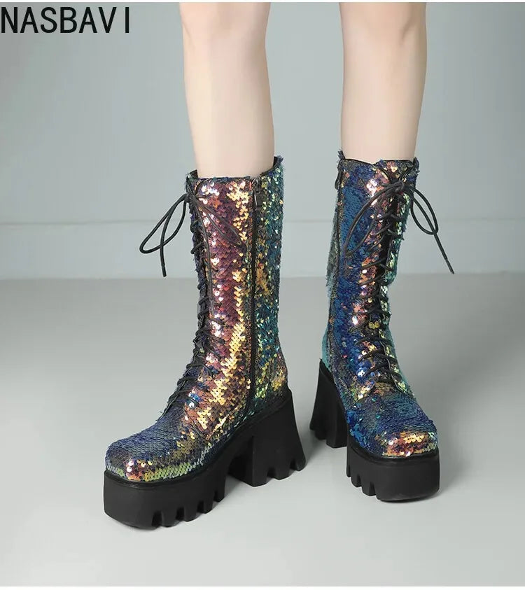 NASBAVI Sequins Cloth Bling Shiny Green Fish Scale Pattern Lace-up Punk Goth Women Winter Shoes Chunky Heels Mid-calf Boots 43
