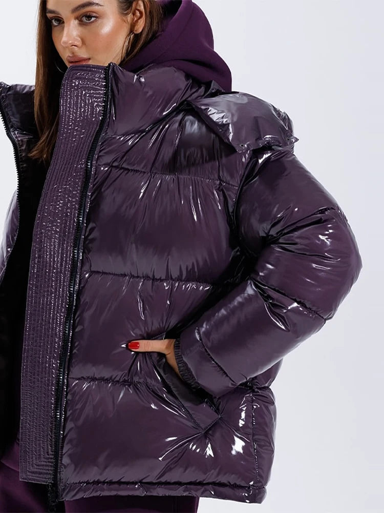 Chic Glossy Women's Thicken Cotton Coats Hooded Solid Loose Zippers Warm Lady Coat 2025 Winter Casual Female Street Jackets