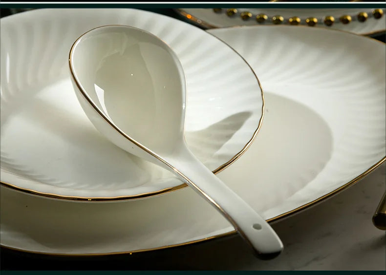 Bowl and dish set bone china tableware set bowl Jingdezhen light luxury simple hand drawn gold ceramic bowl and chopsticks plate - Kimlud