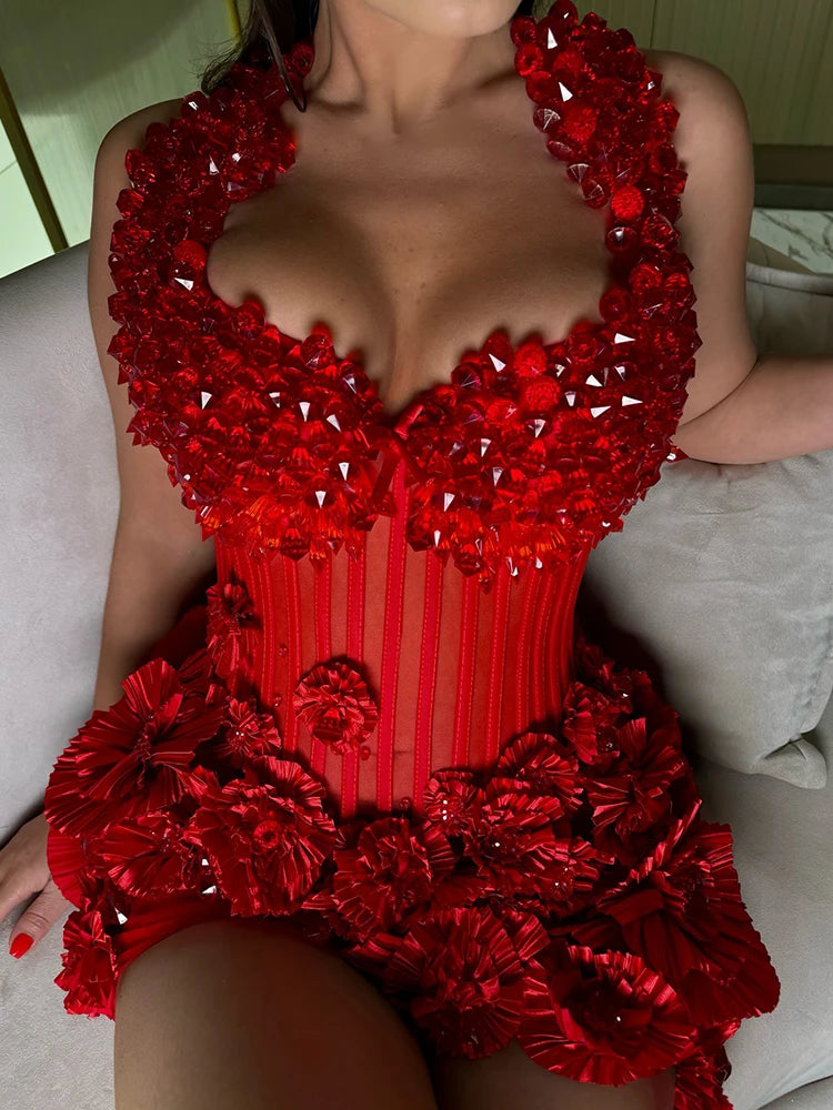 VC Party Sexy Galas Gown Red 3D Floral Halter Sequins Backless Mini Dress
