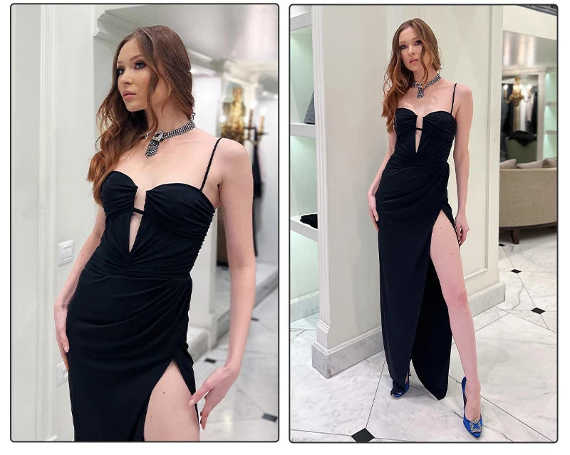 VC Black Long Dress Women Spaghetti Strap Sundress Sexy High Slit Draped Design Evening Party Dress Summer 2023