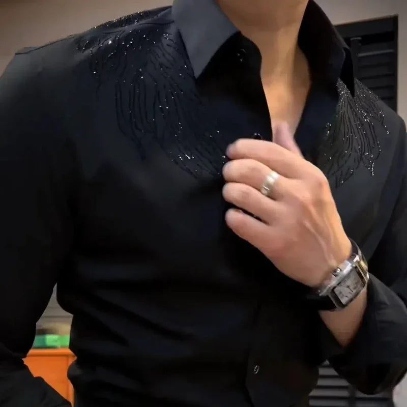 Spring Autumn Y2K Solid Diamond Shirts Men's Clothing Long Sleeve Loose Polo Neck Blouse All Match Fashion Cardigan Print Tops - Kimlud