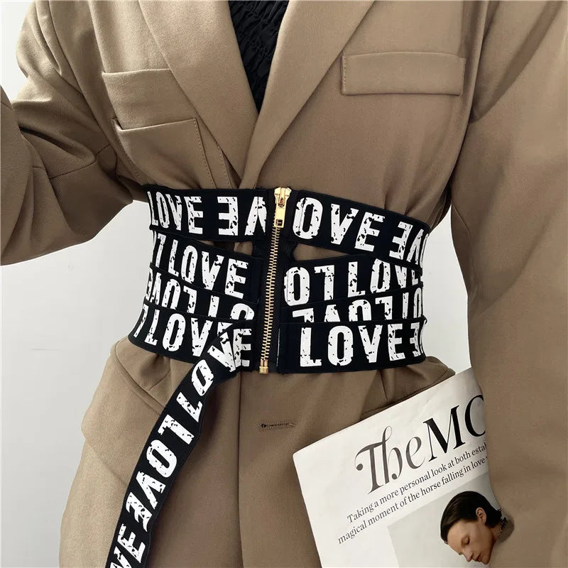 GetSpring Women Cummerbunds Letter Printed Zipper Black Wide Belt Fashion Elastic Waistband All Match Ladies Waist Band Corset