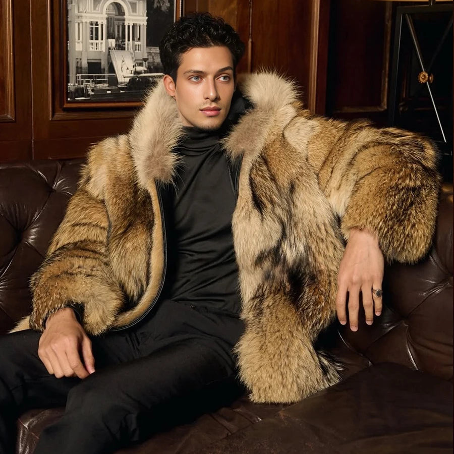 Natural Wolf Fur Coats With Hood Real Full Skin Coyote Fur Coat Genuine Leather Jacket High Quality Winter Jacket For Men