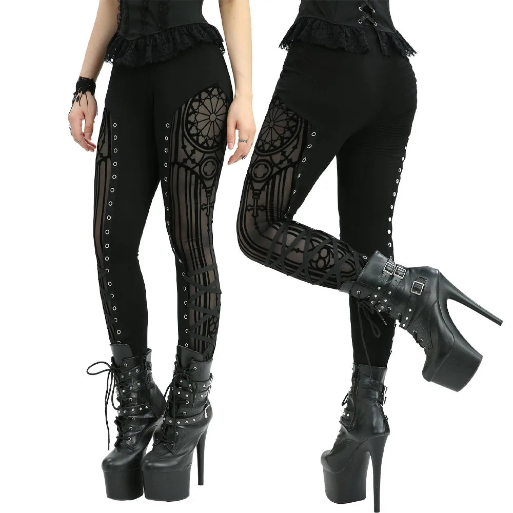 ROSEGAL Gothic Mesh Flocking Patchwork Lace-Up Skinny Pants For Women High Waist Trousers Black Leggings