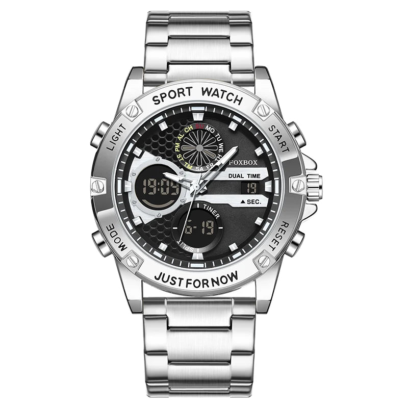 FOXBOX Fashion Men's Luxury Watch Leather Strap Quartz Watches Business Dual Display Waterproof Date Chronograph Man Watch+Box - Kimlud