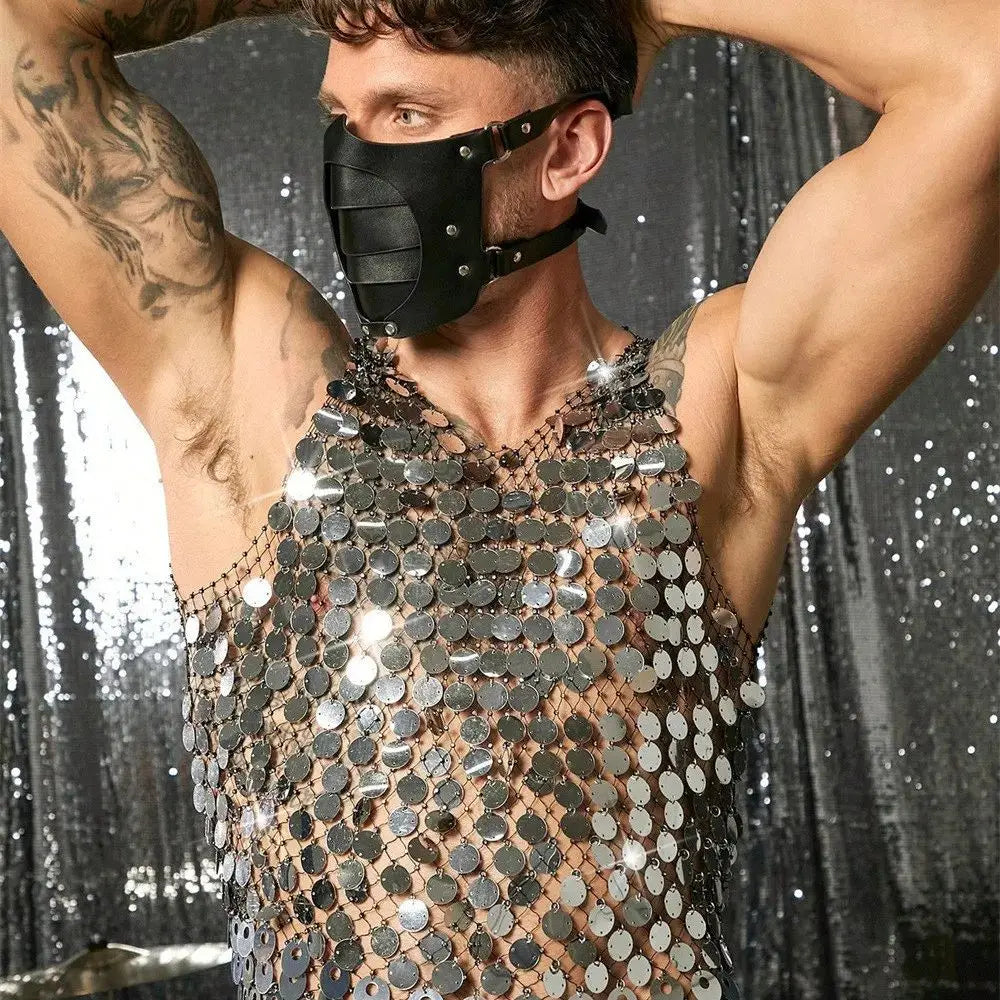 Sparkling Diamond Cut-Out See-Through Vest For Men - New Summer Style Sexy Nightclub Party Fishnet Beaded Outerwear Top - Kimlud