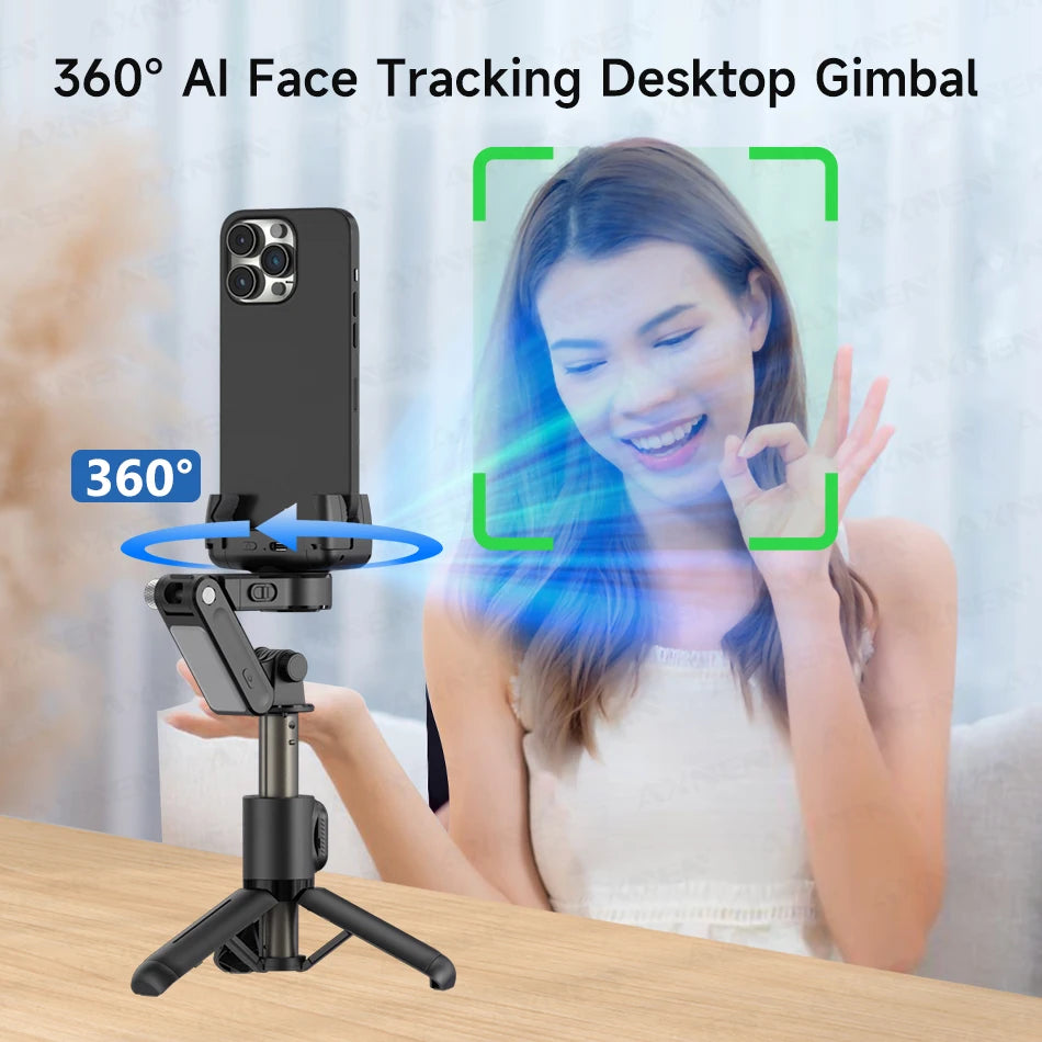 Gimbal Q19 AI Desktop 360° Auto Rotation Face Track Anti-Shake Selfie Stick Handheld Stabilizer with Fill Light for Smartphones