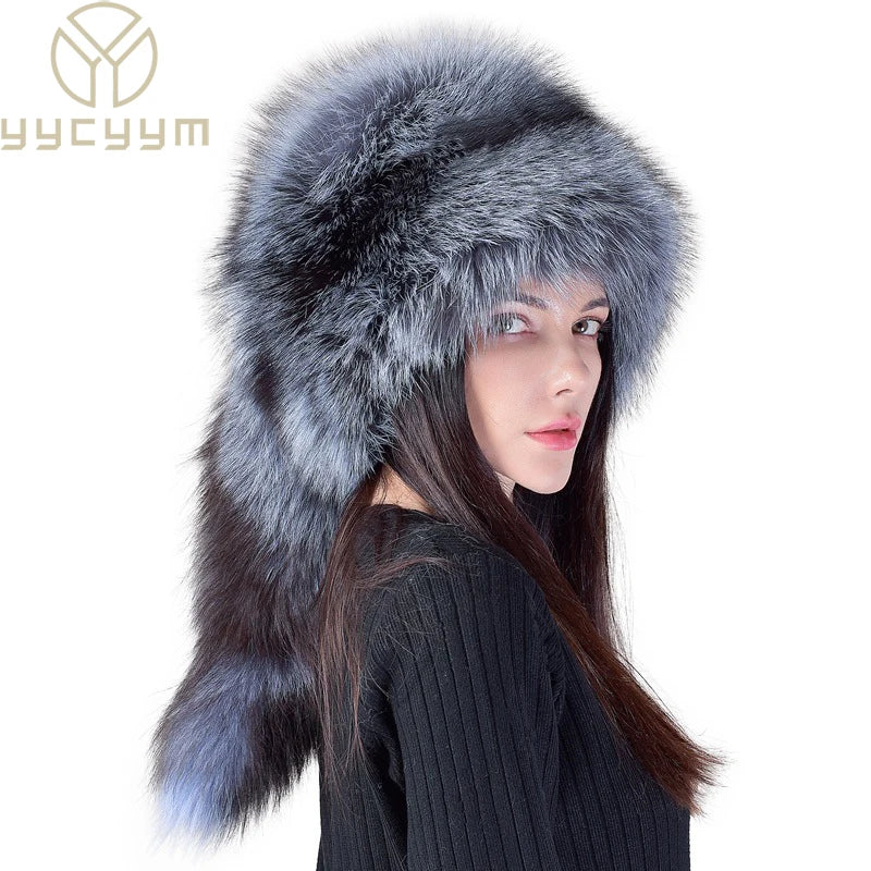 2025 New Style Natural Fox Fur Russian Hat Ushanka Women Winter Warm Fluffy Popular Style Female Tail Cap Fashion Real...