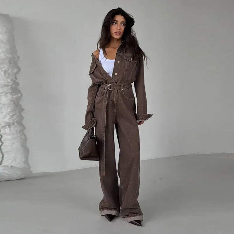 Chic Denim Women's Jumpsuit Turn-Down Collar Lace Up Full Sleeve Lady Long Jumpsuits 2026 Spring Casual Female Streetwear - Kimlud