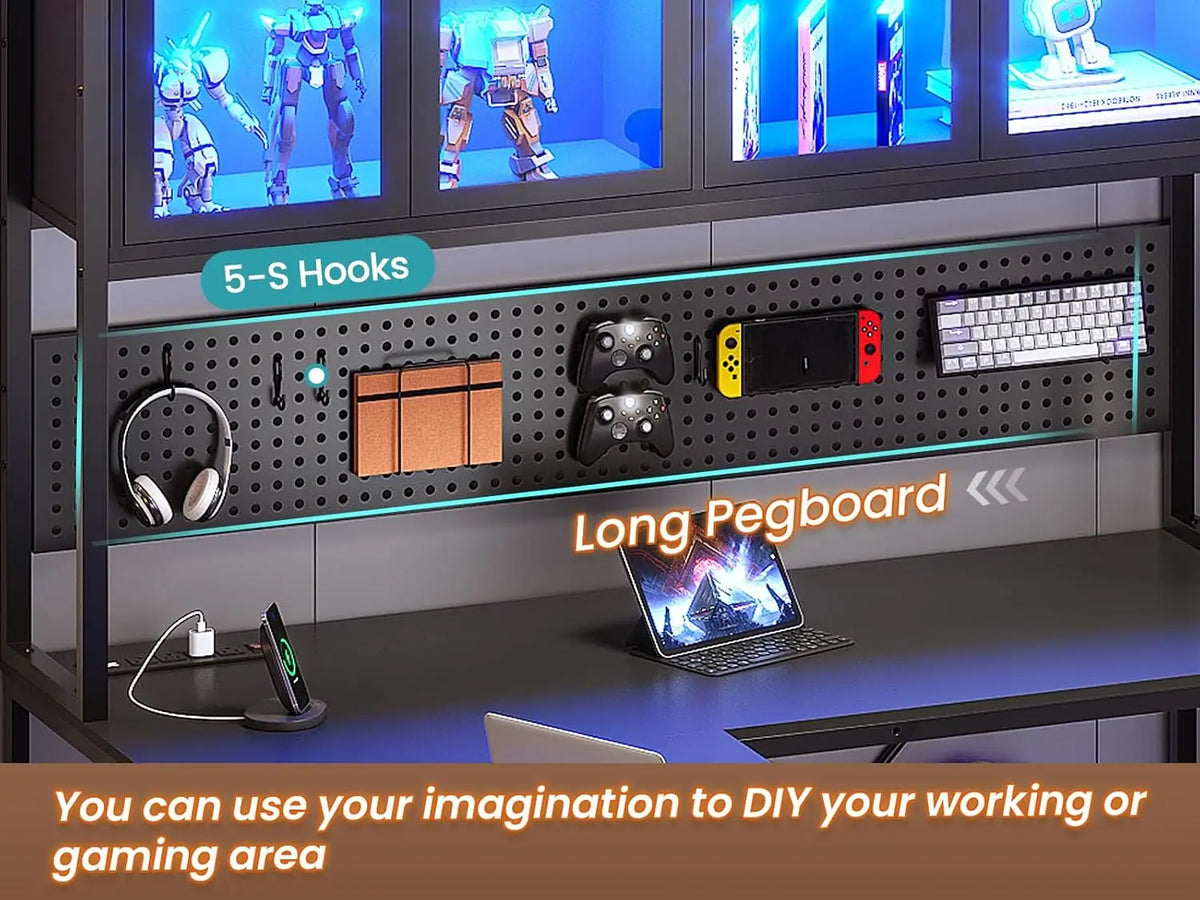 L Shaped Gaming Desk with Drawers,Gaming Desk with Pegboard, Led Lights, and Power Outlet, Home Office Desk, Corner...