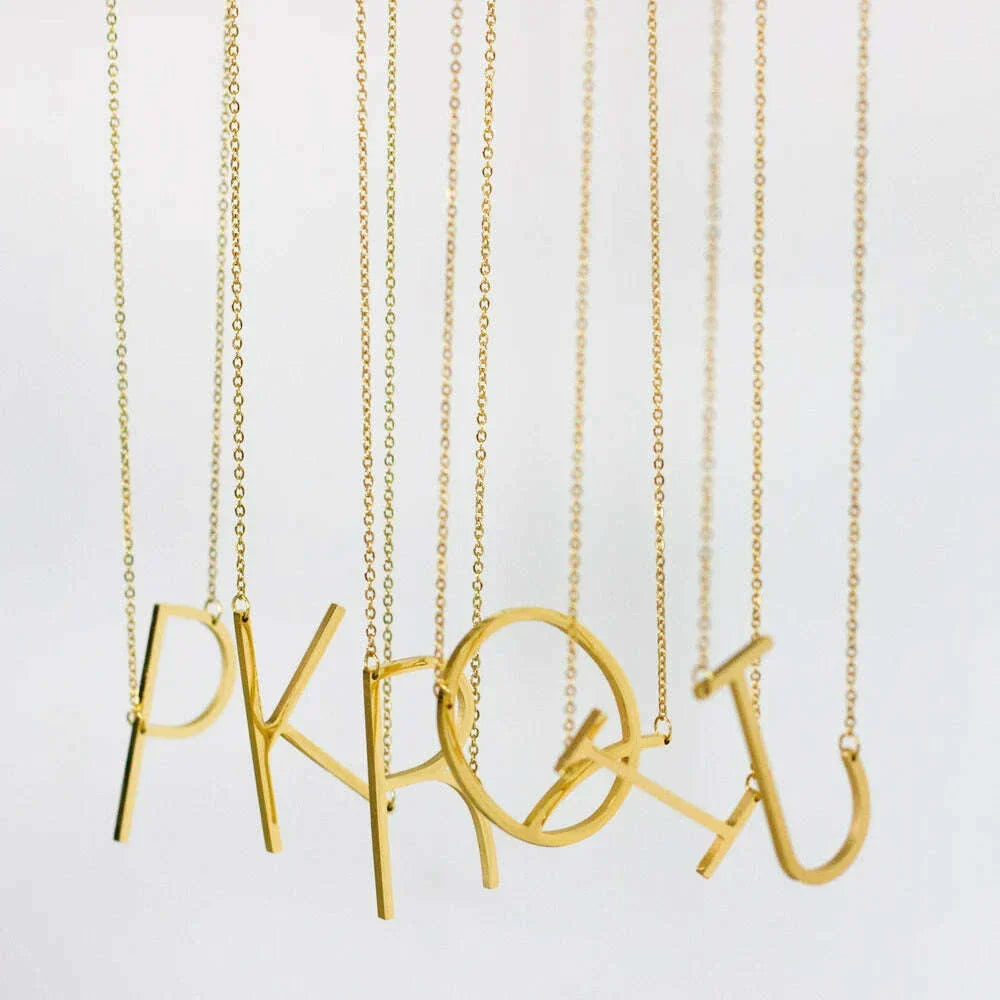 LUXUSTEEL Stainless Steel Large Initial Necklaces For Women Sideways Big 26 Letter A-Z Golden Color Monogram Alphabet Collar