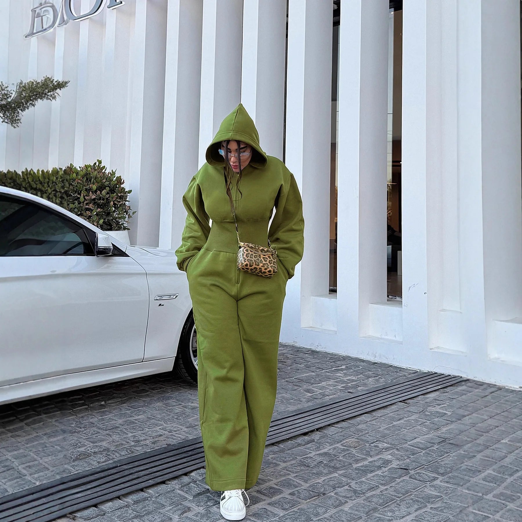 Women's Hooded Zipper Elastic Waist Jumpsuit Long Pants Sports Casual Solid Color Comfortable Casual Cross-Border Style