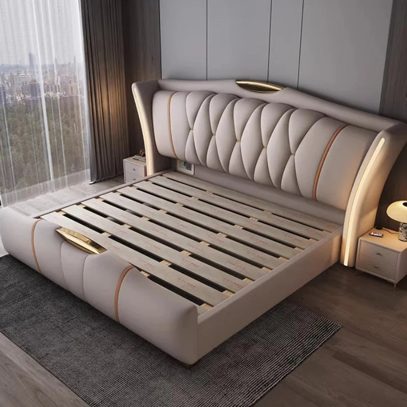Home Leather bed with light modern minimalist lit 150x200 180x200 200x220 cm Double bed 2 people bedroom beds frames Furniture