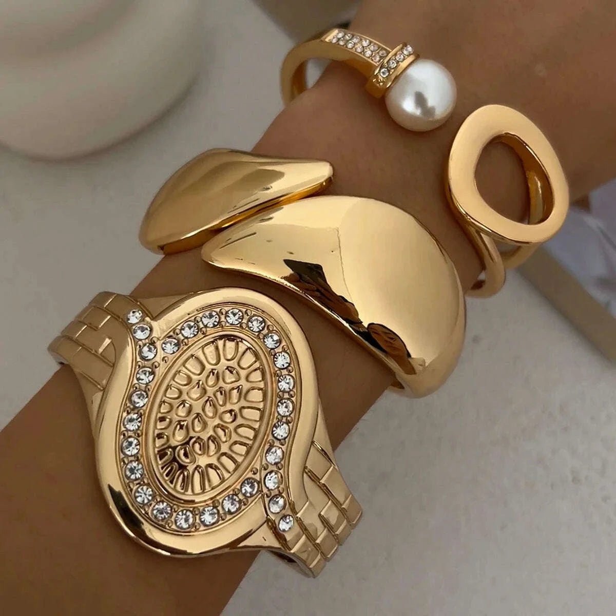 IngeSight.Z Exaggerated Large Inlaid Rhinestone Watch Shaped Heavy Metal Spring Bangles Women's Classic Statement Party Jewelry