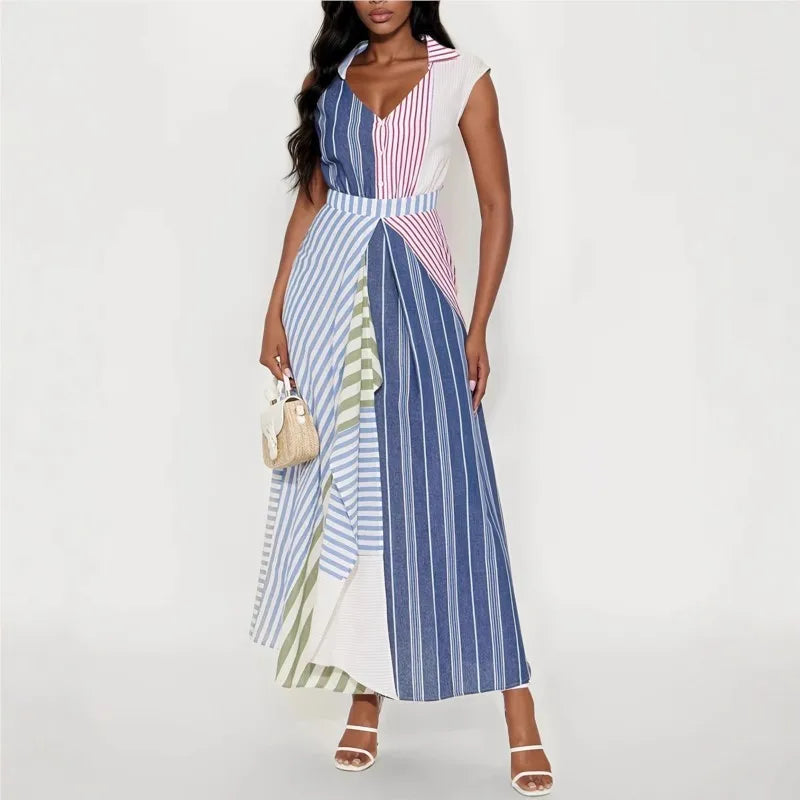Personality Contrast Color Stitching Striped Dress Women's Summer Fashion Irregular Waist V-neck Sleeveless Commuting Dresses - Kimlud