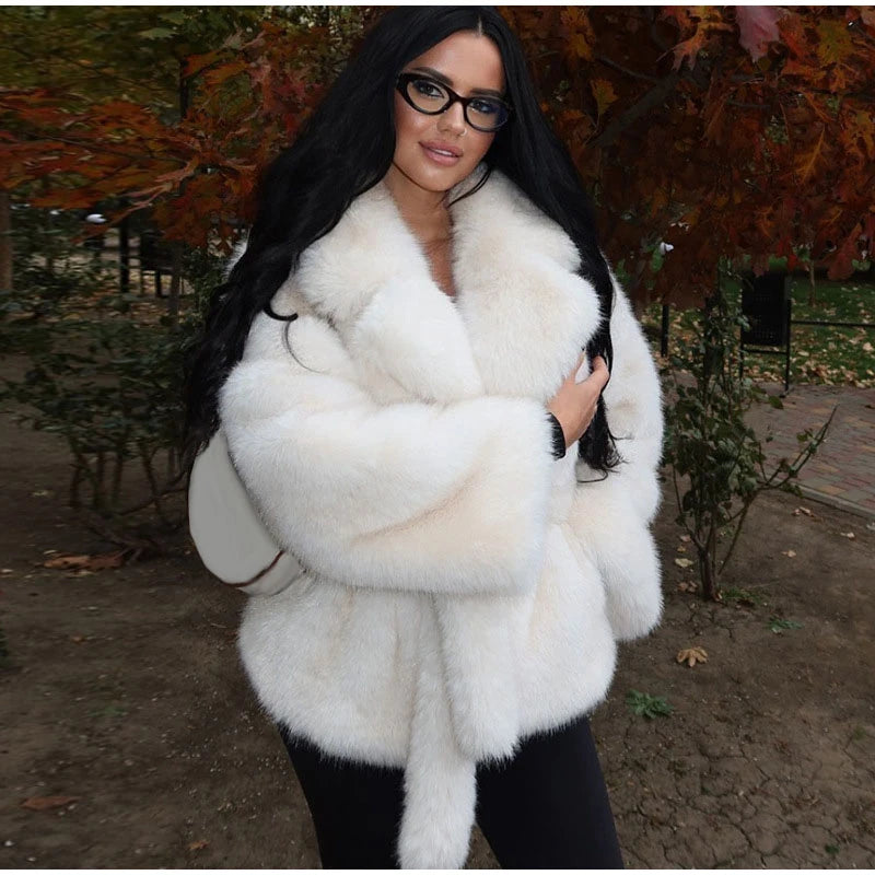 Luxury Thick Faux Fur Coat for Women Warm Soft Lapel Long Sleeve Eco-Friendly Outerwear for Autumn Winter Lady's Fur Coat
