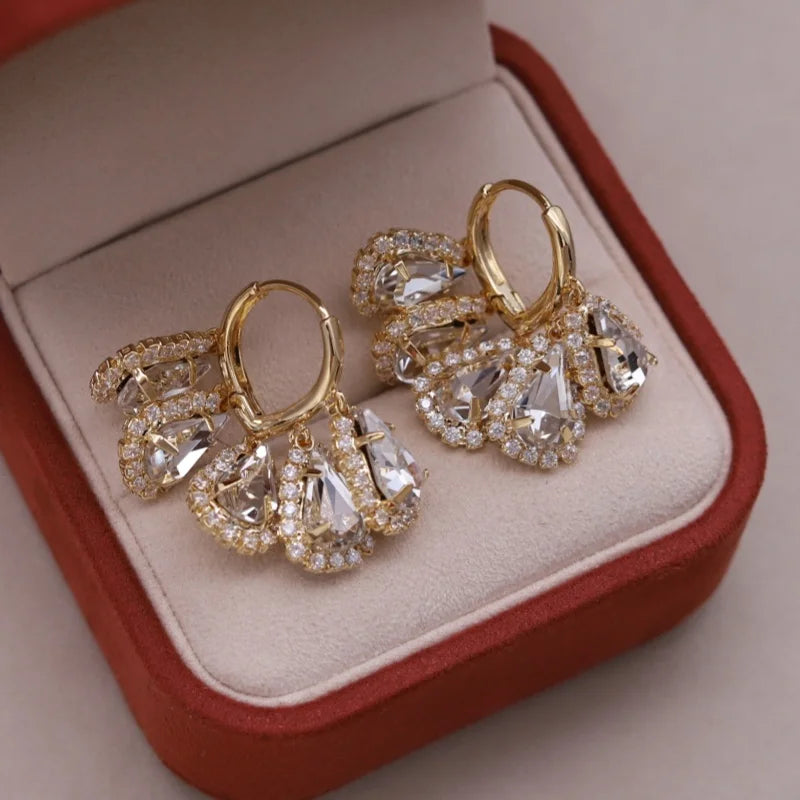 Korean new fashion jewelry 14K gold plated luxury water drop zircon tassel earrings elegant women's evening party...